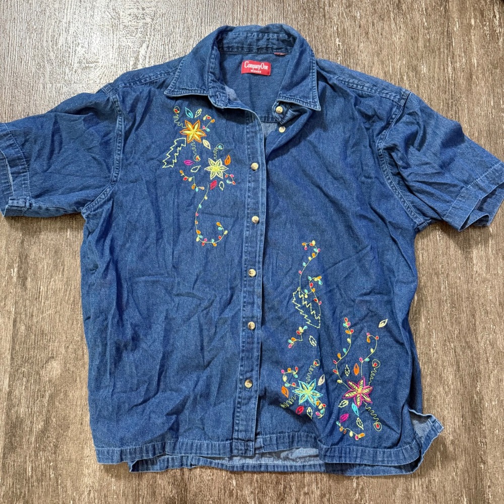 Company‎ One Denim Shirt Women L Blue Floral Embroidered Layered Vest Vintage